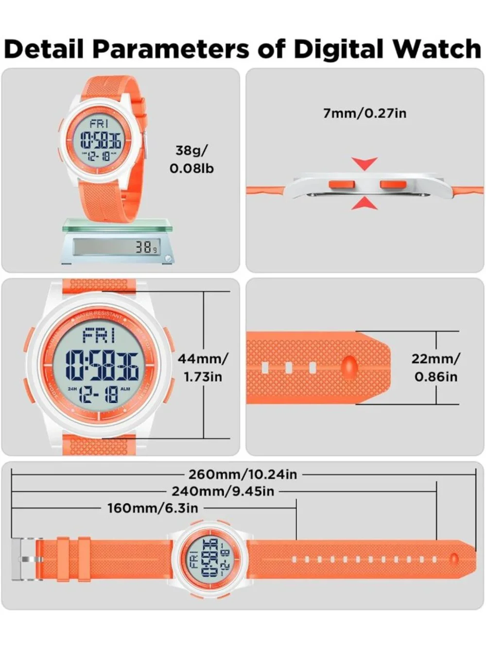 Ultra-Thin Waterproof Digital Sports Watch for Men & Women, 44mm Silicone, Alarm